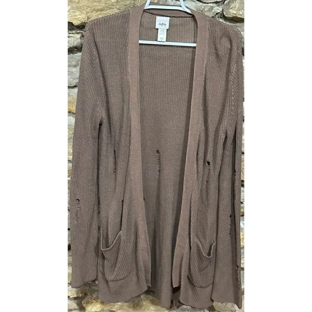 Women’s Tan Daytrip Long Sleeved Open Front Distressed Cardigan Sweater Size med